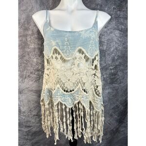 B-Sharp Crochet Lace Fringe Tank Top Womens Small Blue Tie Dye Boho Camisole